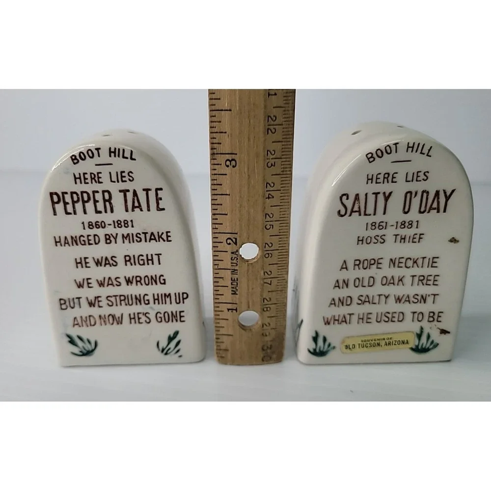 Vintage Tombstone Salt & Pepper Shakers Japan Pepper Tate & Salty O'Day Stoppers